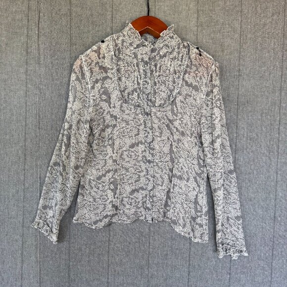 Vintage Y2K INC Silk Black White Lace Print Victorian Collar Long Sleeve Blouse - Picture 8 of 15